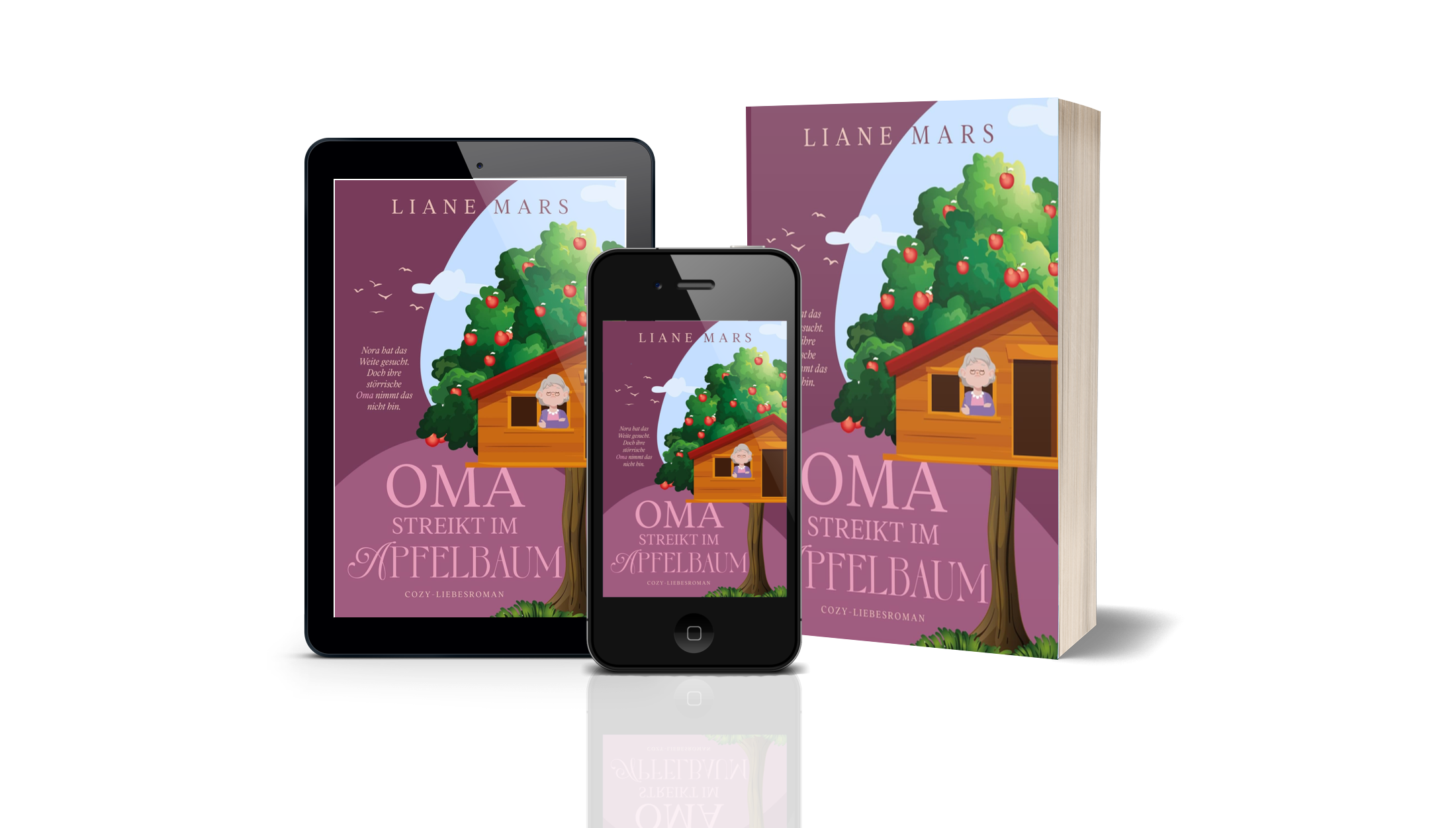 Das Cover von Band 1 der romantischen "Cozy Herzen" Liebesroman-Reihe "Oma streikt im Apfelbaum" als eBook (Handy und Tablet) sowie Softcover!